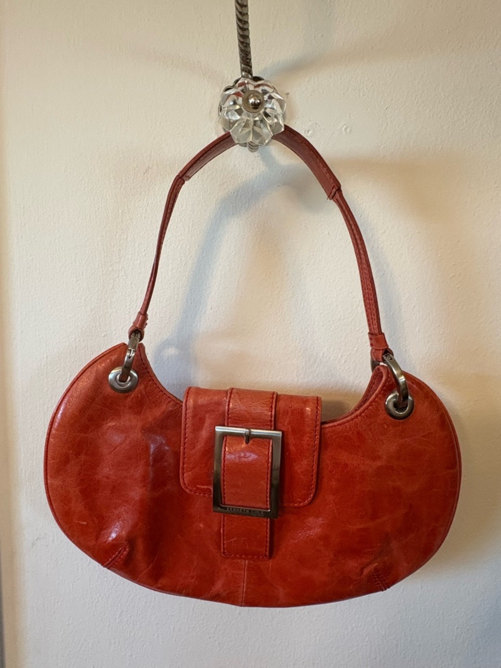 Kenneth Cole Red Crescent Shoulder Bag with Front Buckle